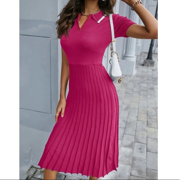 Color block collar pleated sweater dress burgundy - Picture 6 of 15